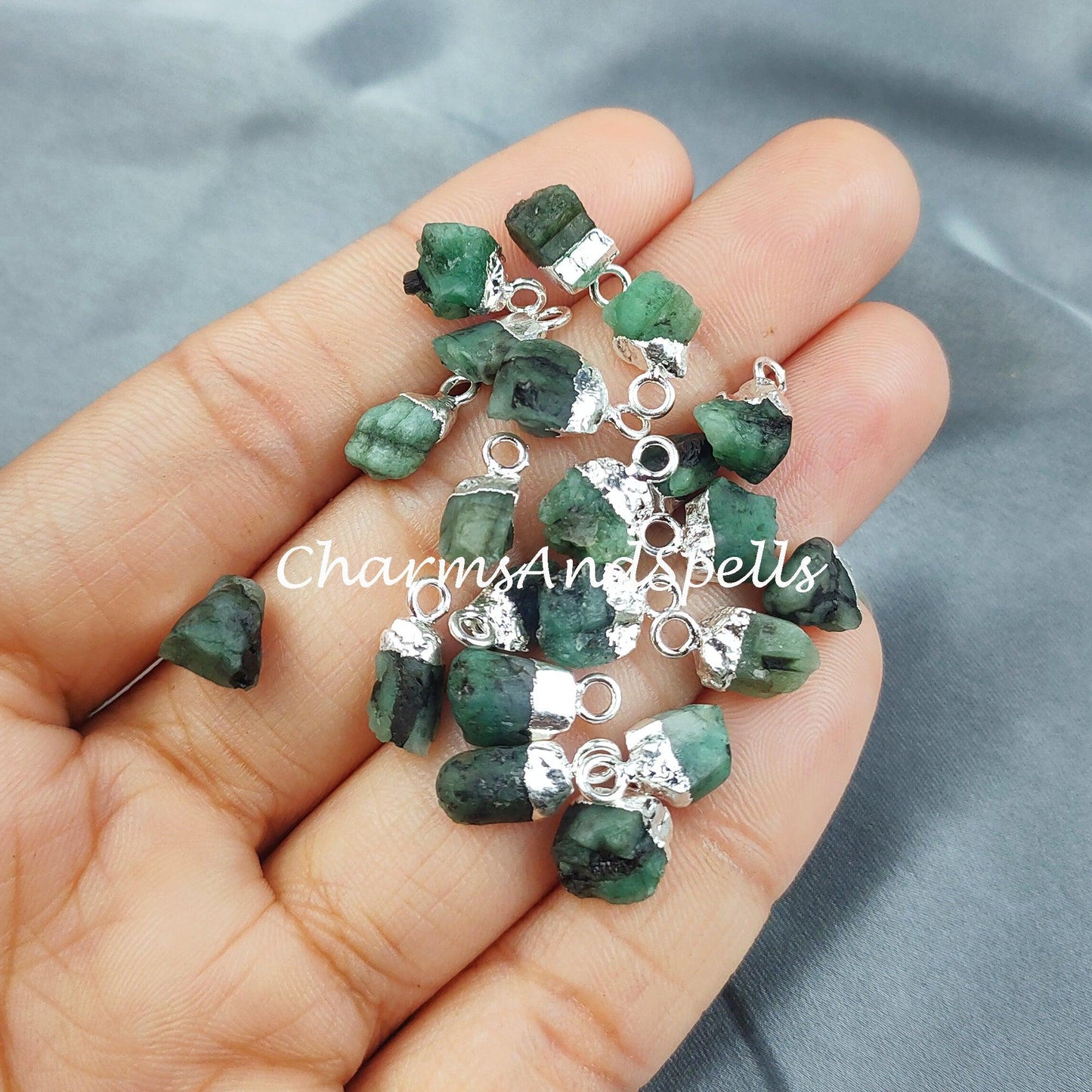 Raw Emerald Charm| Electroplated Pendant Connectors| Rough Gemstone Jewelry