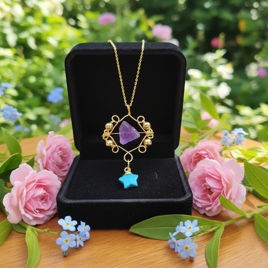 Enchanted Nove Raw Amethyst & Turquoise Necklace| 14K Gold Plated Crystal Jewelry
