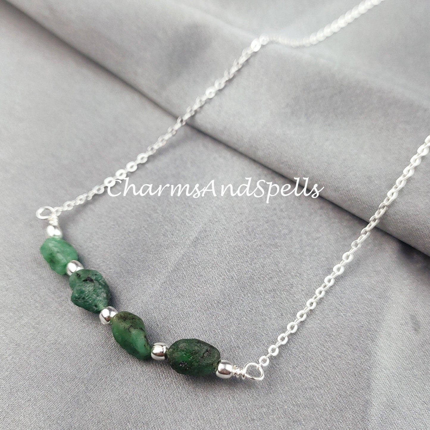 Raw Emerald Necklace| Rough Gemstone Crystal Jewelry| May Birthstone