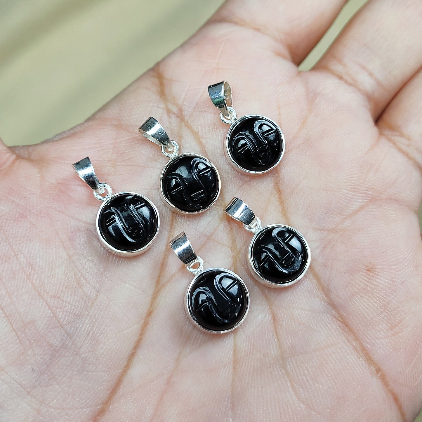 Black Onyx Pendant, Face Carved Necklace, 925 Silver Jewelry, Healing Gemstone Gift For Her