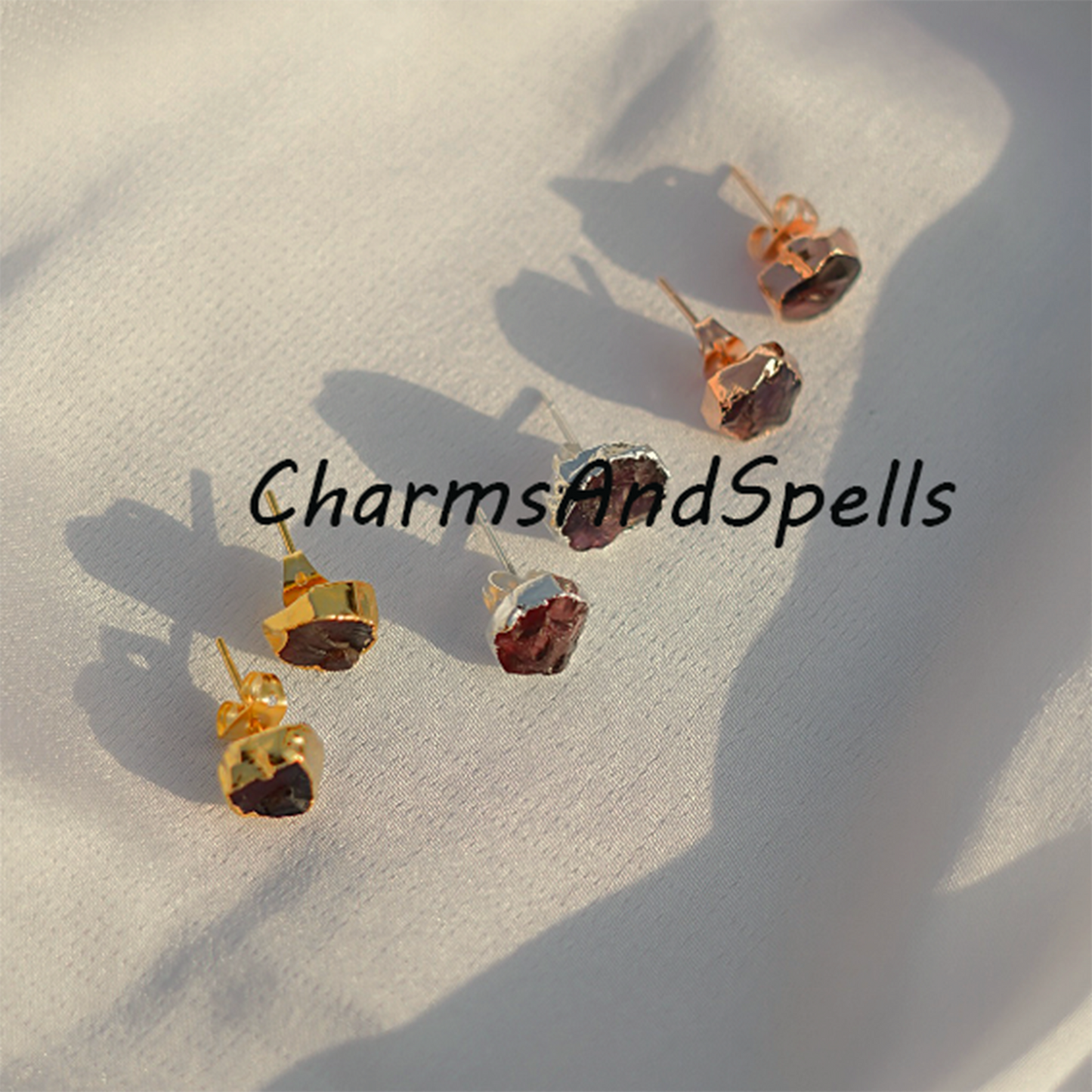 Rough Garnet Gold Electroplated Stud Earrings| Birthstone Jewelry| Rough Stone Jewelry