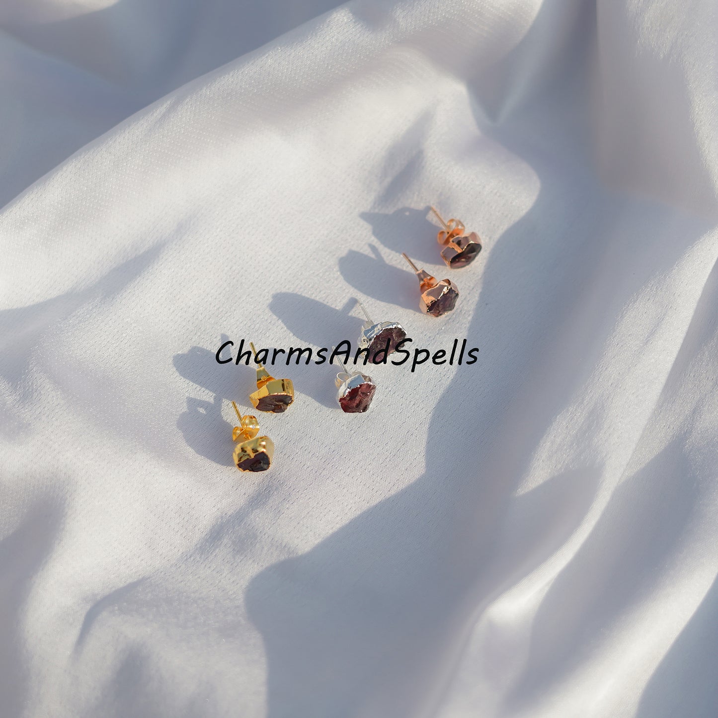 Rough Garnet Gold Electroplated Stud Earrings| Birthstone Jewelry| Rough Stone Jewelry