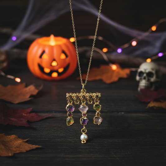 Whispers of Spring Multi Gemstone Necklace| Victorian Style Raw Amethyst, Garnet, Peridot, Crystal Pendan