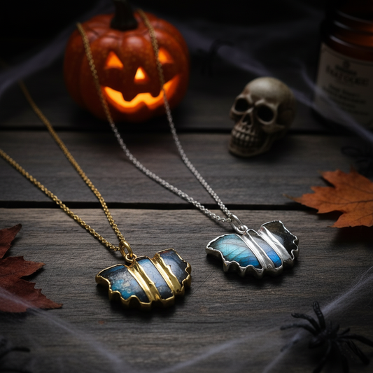 Labradorite Bat Necklace| Reiki Infused Crystal Jewelry| 14K Gold Gothic