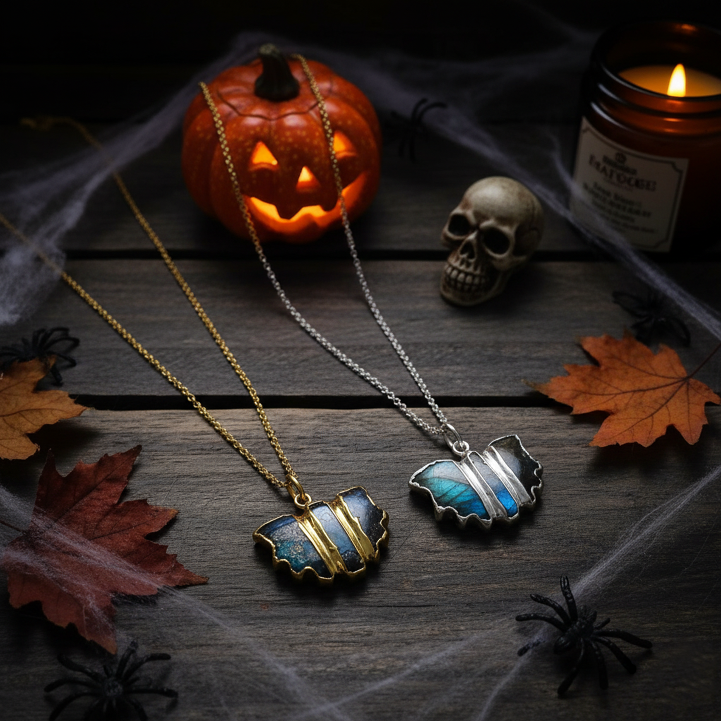Labradorite Bat Necklace| Reiki Infused Crystal Jewelry| 14K Gold Gothic