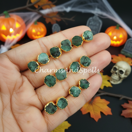 Raw Emerald Electroplated Stud Earrings, Birthstone Stud, Dainty Rough Stone, Raw Gemstone Earrings