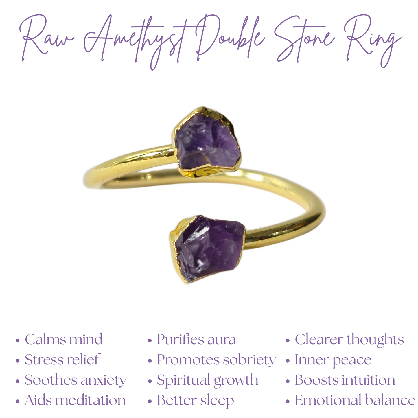 Raw Amethyst Ring | Adjustable Purple Healing Crystal Boho Handmade Jewelry