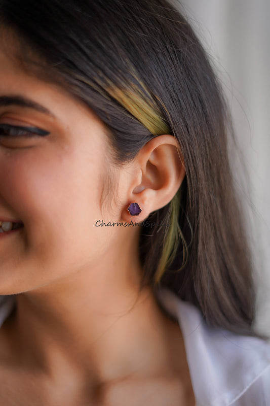 Tiny Amethyst Studs| 14K Gold Plated Earrings| Raw Purple Amethyst Stud Earrings