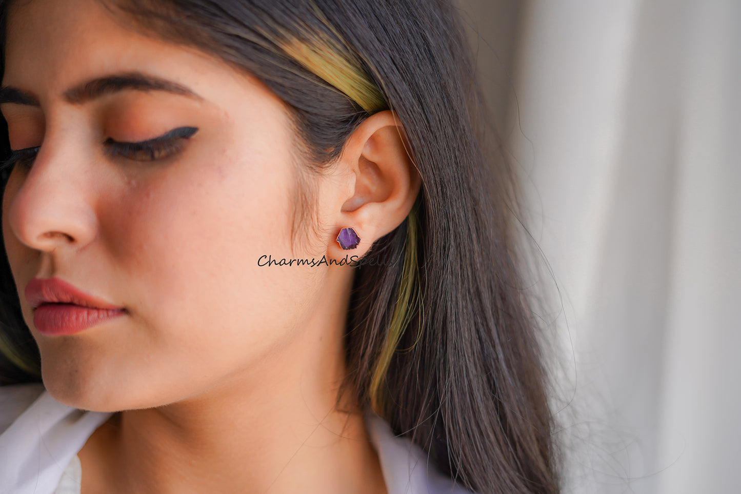 Tiny Amethyst Studs| 14K Gold Plated Earrings| Raw Purple Amethyst Stud Earrings
