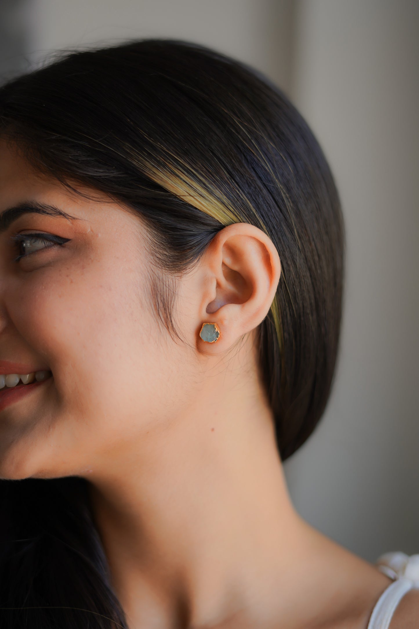 Raw Aquamarine Electroplated Stud Earrings| Dainty Handmade Gemstone Jewelry