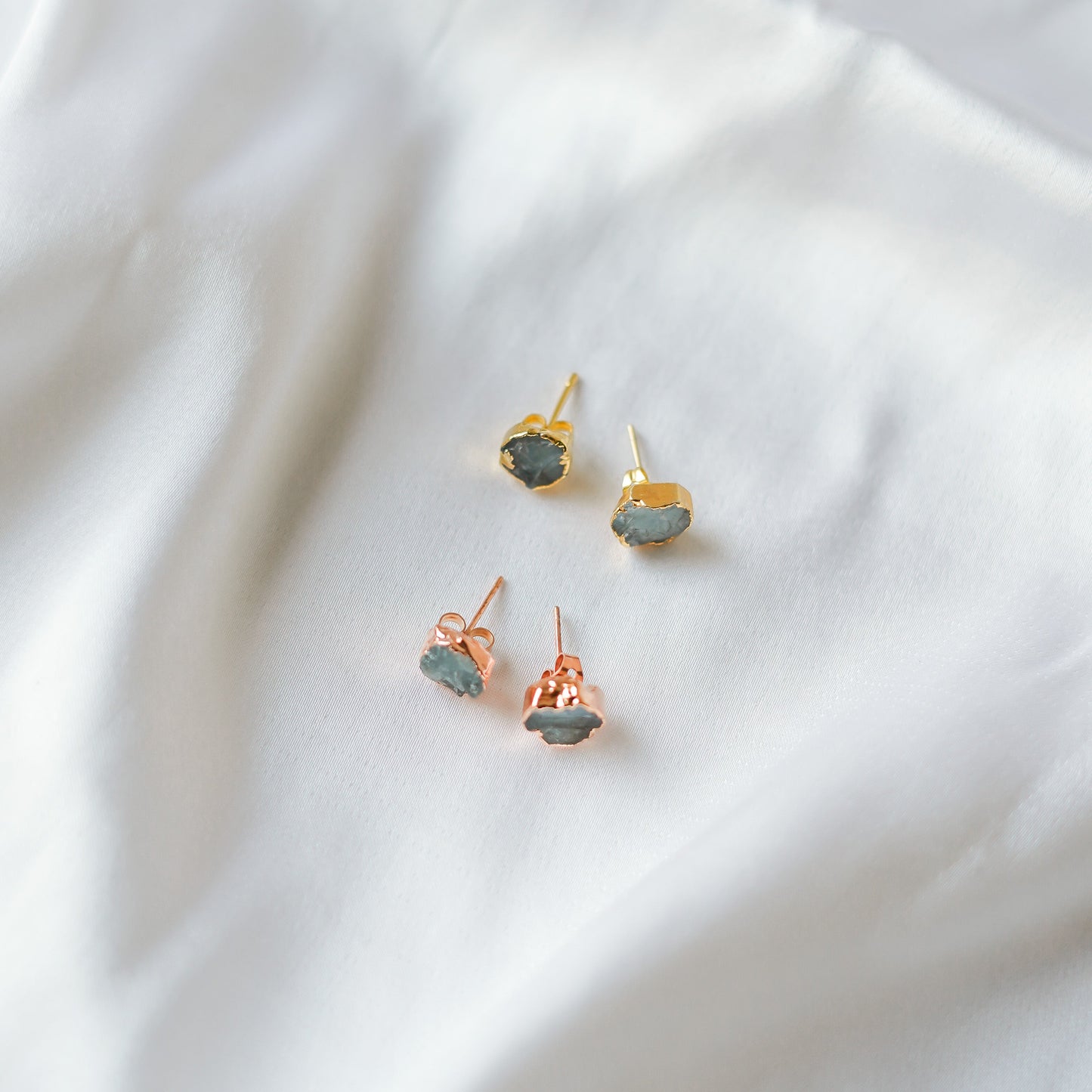 Raw Aquamarine Electroplated Stud Earrings| Dainty Handmade Gemstone Jewelry