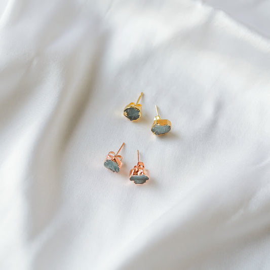 Raw Aquamarine Electroplated Stud Earrings| Dainty Handmade Gemstone Jewelry