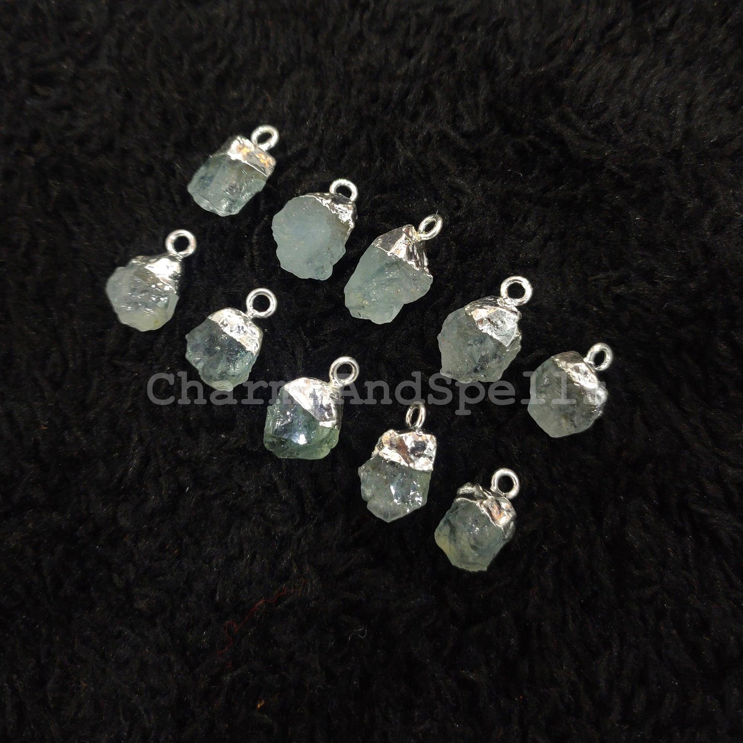 Raw Aquamarine Charm | Electroplated Rough Pendant Birthstone Connector