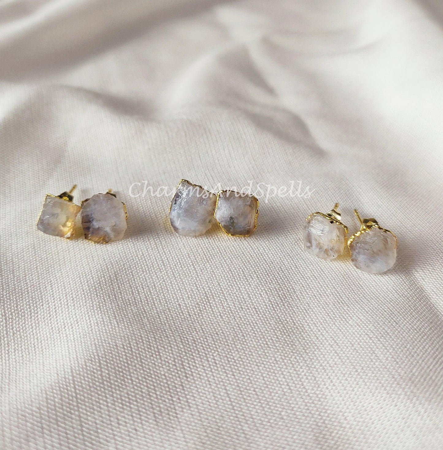 Tiny Rainbow Moonstone Stud Earrings| Minimalist Birthstone Crystal Jewelry