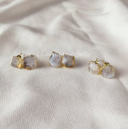 Tiny Rainbow Moonstone Stud Earrings| Minimalist Birthstone Crystal Jewelry