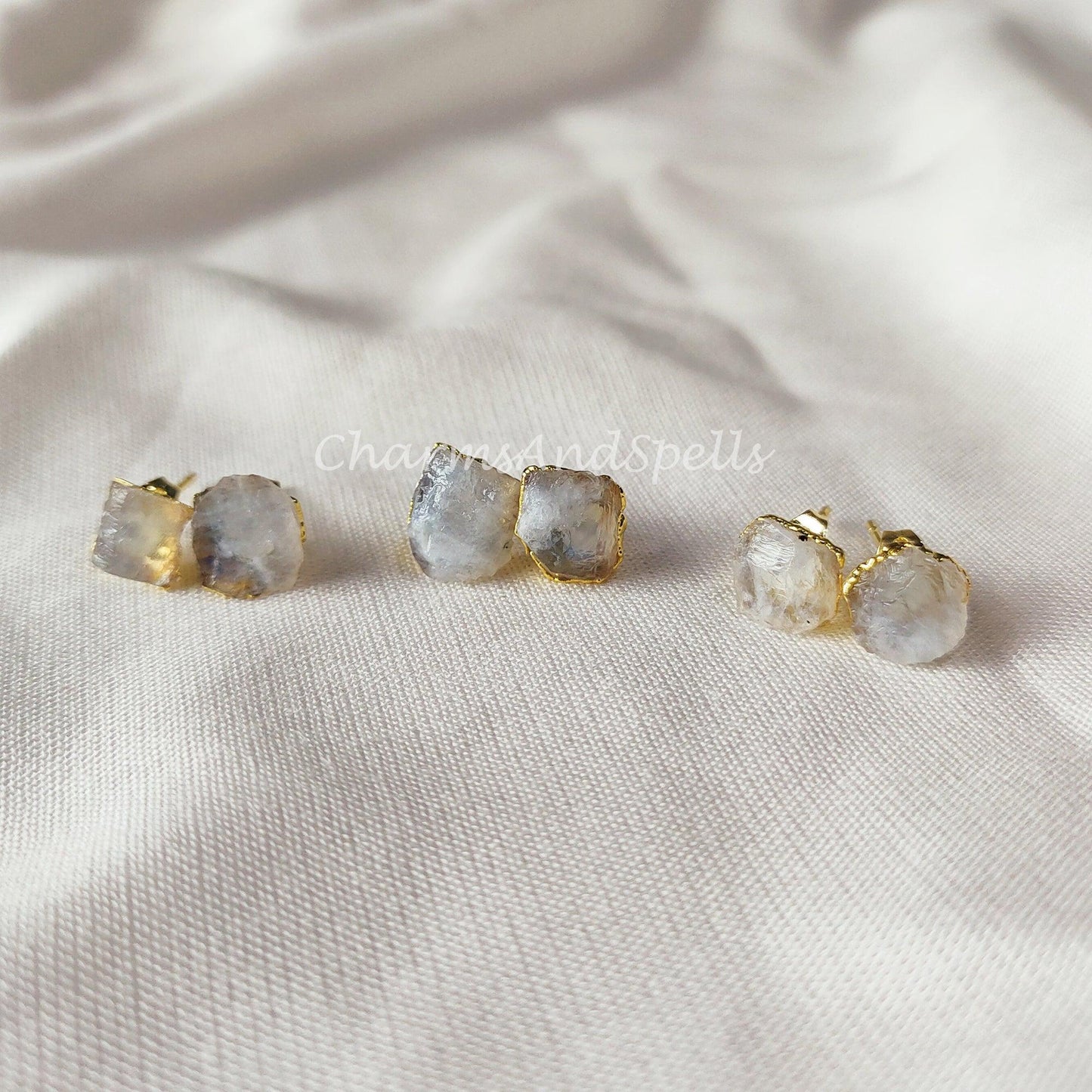 Tiny Rainbow Moonstone Stud Earrings| Minimalist Birthstone Crystal Jewelry