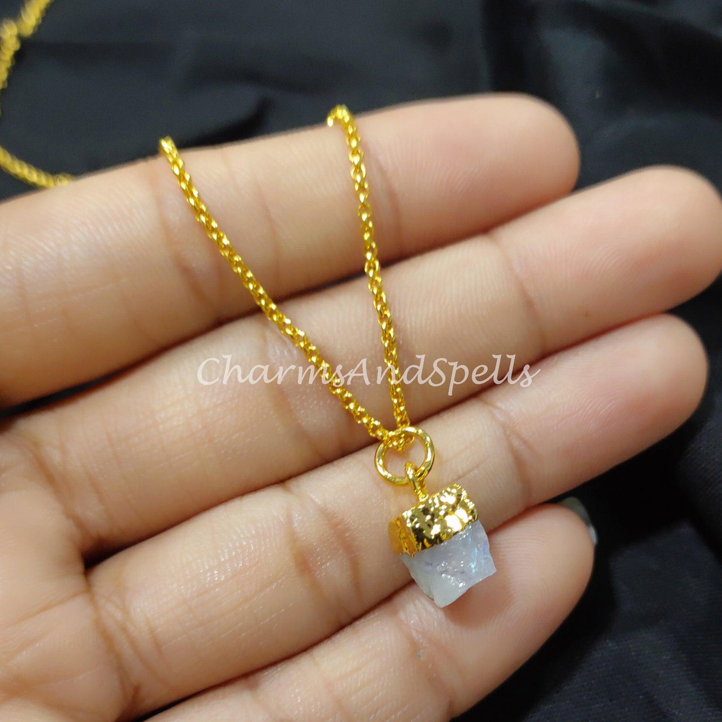 Raw Rainbow Moonstone Necklace | Electroplated Birthstone Jewelry