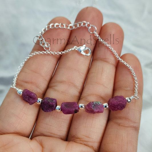 Raw Ruby Bracelet| July Birthstone Beaded Bracelet| Gold Plated Protection Crystal