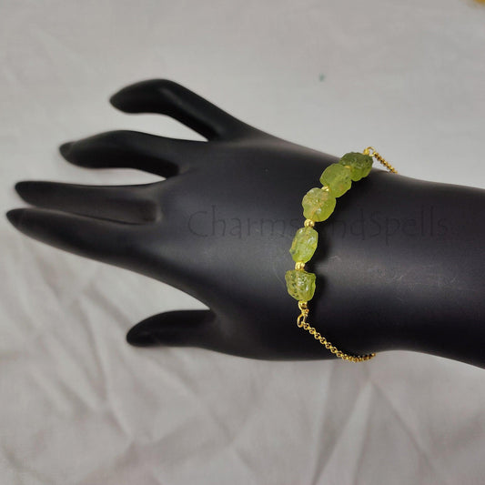 Raw Peridot Bracelet | Silver Plated Adjustable Crystal Stone Bracelet