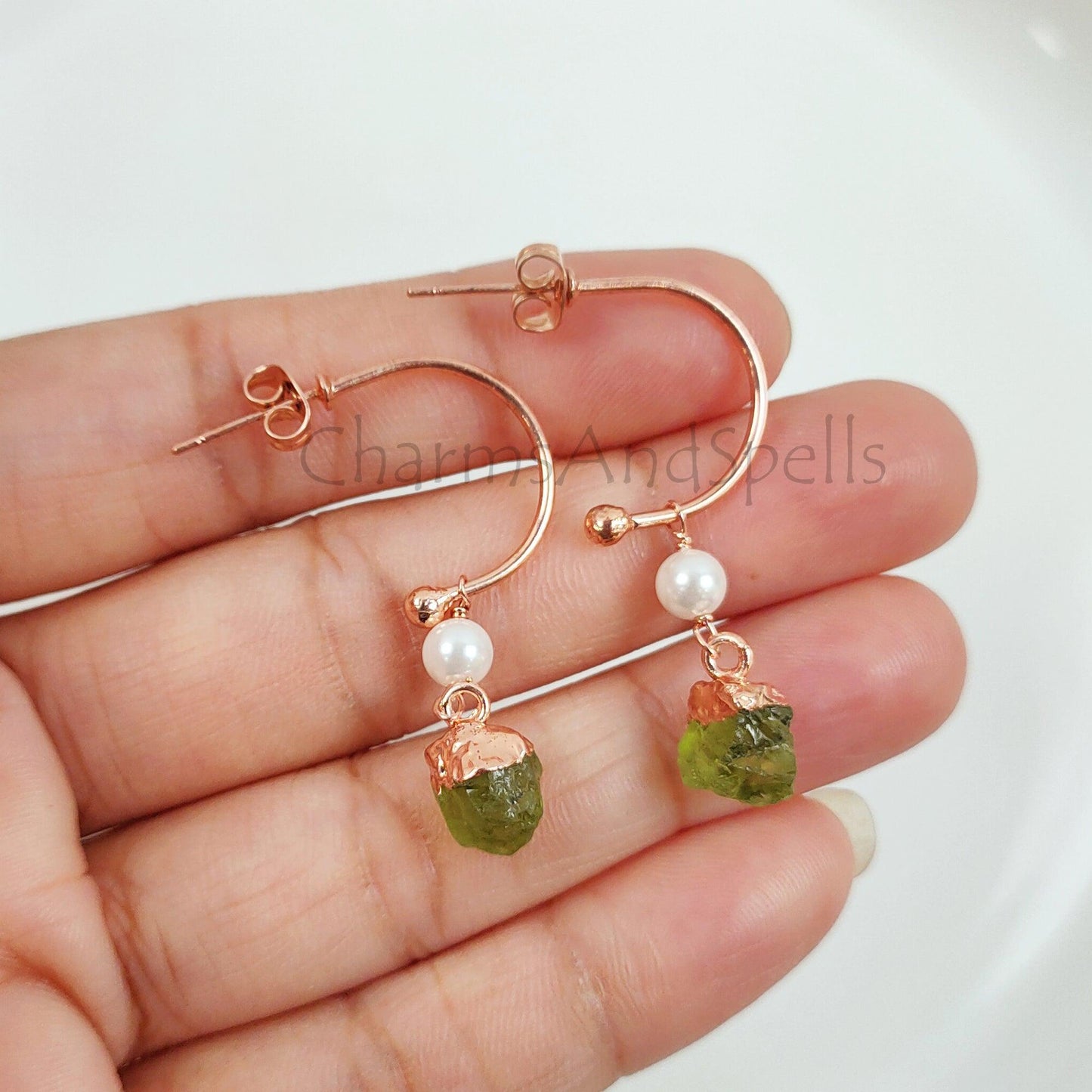 Raw Peridot Earrings | Gemstone & Pearl Earrings | Dainty Jewelry