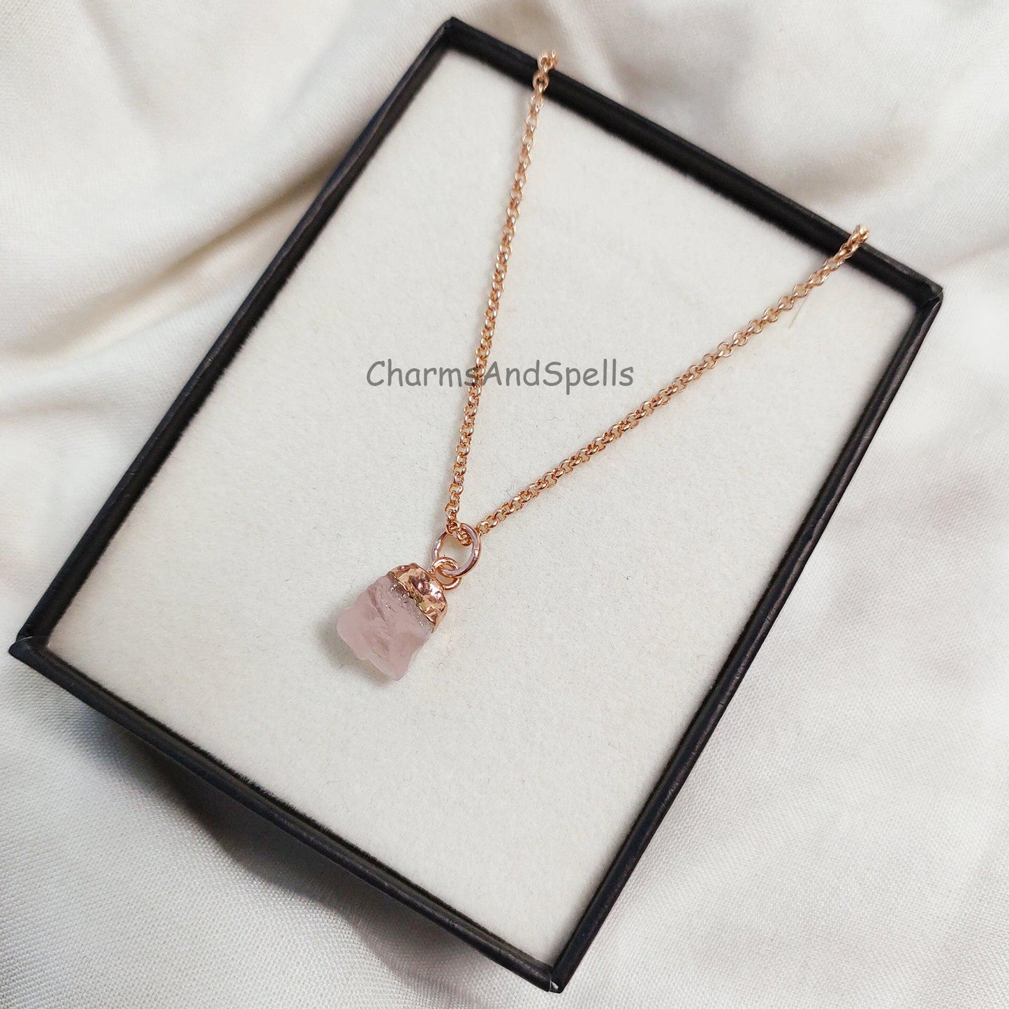Natural Rose Quartz Necklace | Gold Plated Raw Crystal Gemstone Pendant for Women