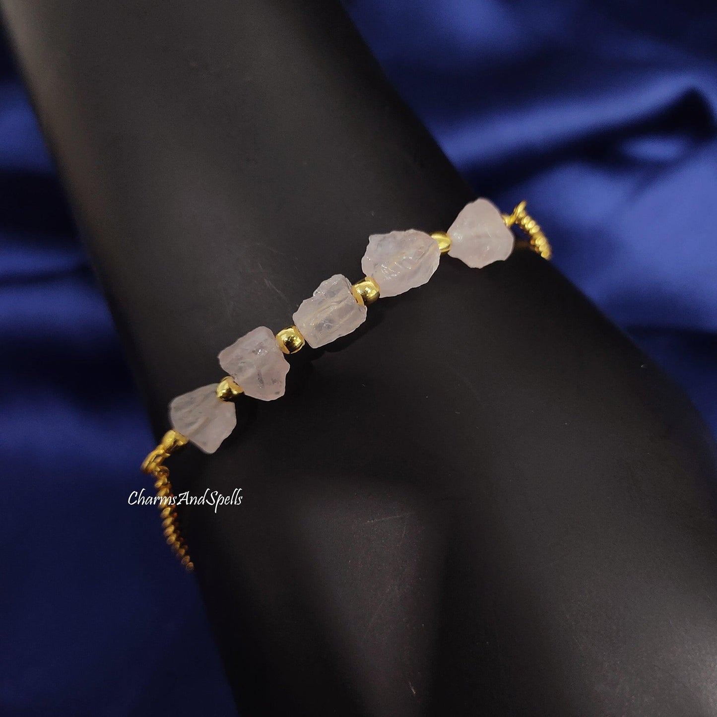 Natural Rough Rose Quartz Bracelet | Raw Nugget Adjustable Gemstone Boho Jewelry