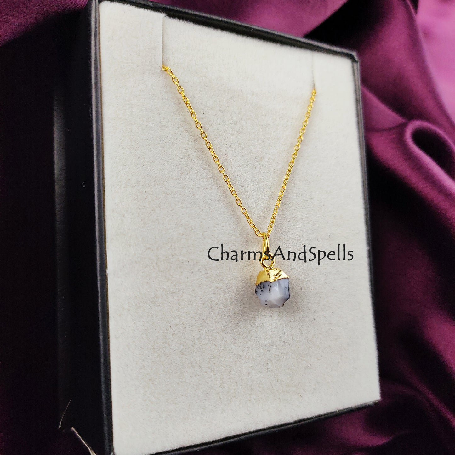 Raw Dendrite Opal Necklace | Minimalist Gemstone Pendant Rose Gold Layering Jewelry