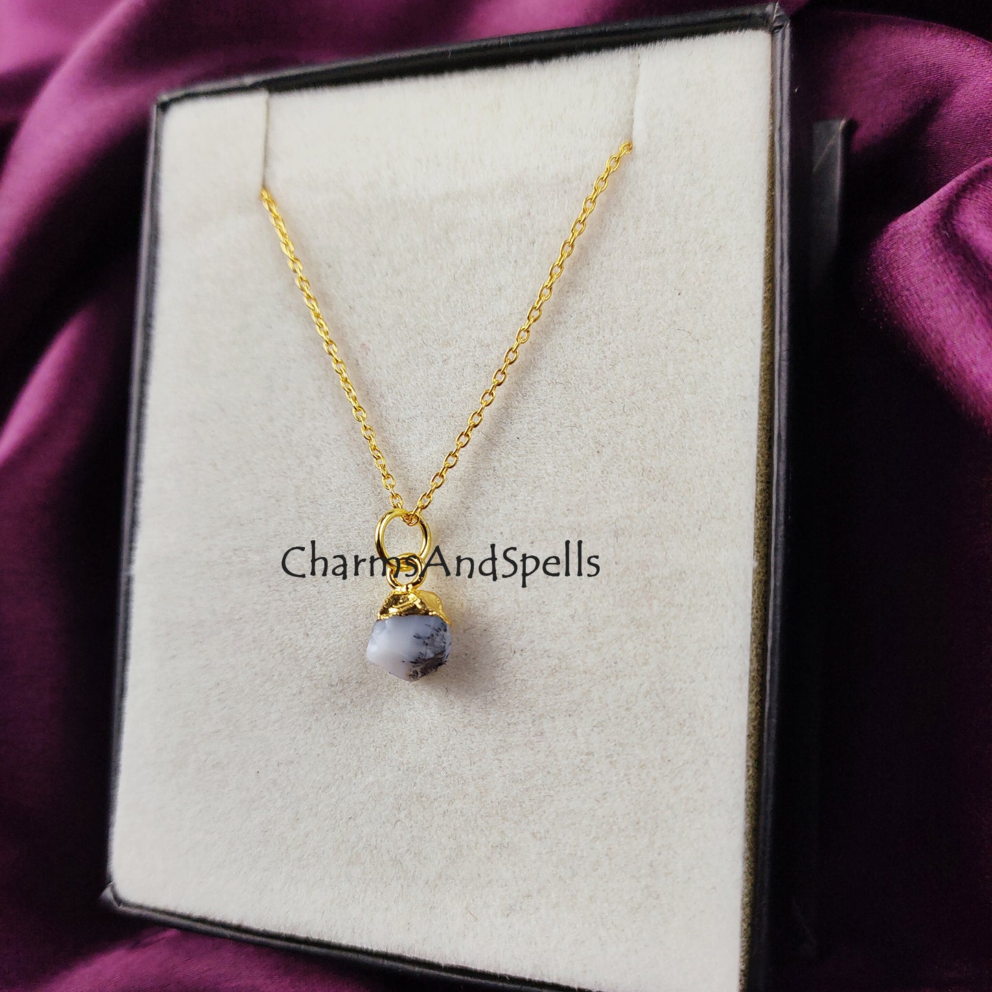 Raw Dendrite Opal Necklace | Minimalist Gemstone Pendant Rose Gold Layering Jewelry