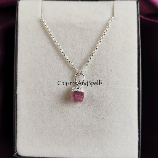 Raw Pink Tourmaline Necklace | Natural Crystal Necklace Rose Gold October Birthstone