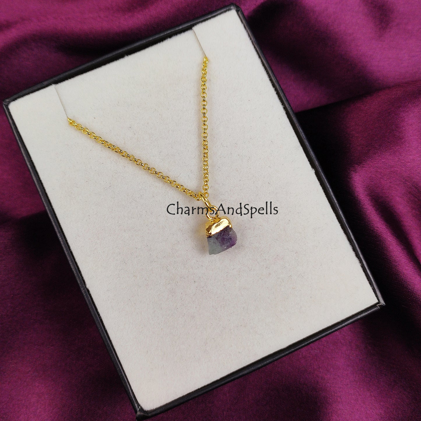 Raw Fluorite Necklace | Rainbow Crystal Pendant Rose Gold Plated Jewelry