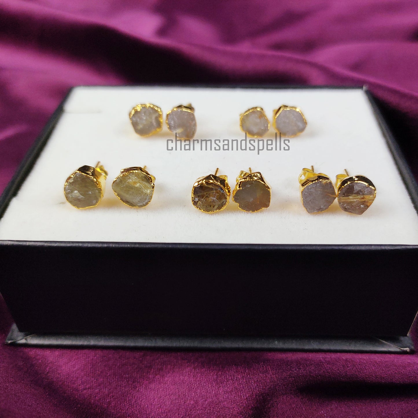 Raw Golden Rutile Stud Earrings | Tiny Rose Gold Plated Rough Crystal Jewelry