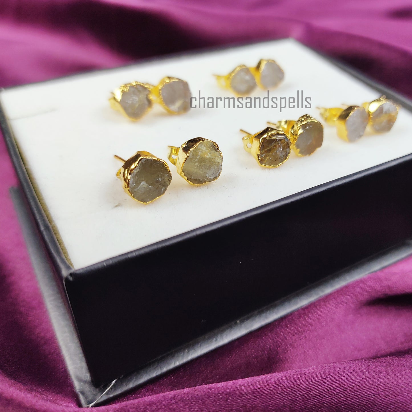 Raw Golden Rutile Stud Earrings | Tiny Rose Gold Plated Rough Crystal Jewelry