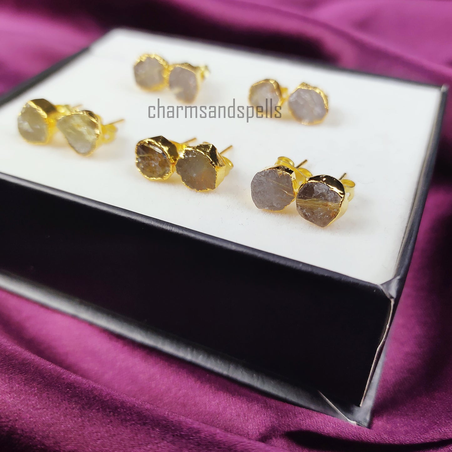 Raw Golden Rutile Stud Earrings | Tiny Rose Gold Plated Rough Crystal Jewelry