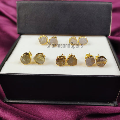 Raw Golden Rutile Stud Earrings | Tiny Rose Gold Plated Rough Crystal Jewelry
