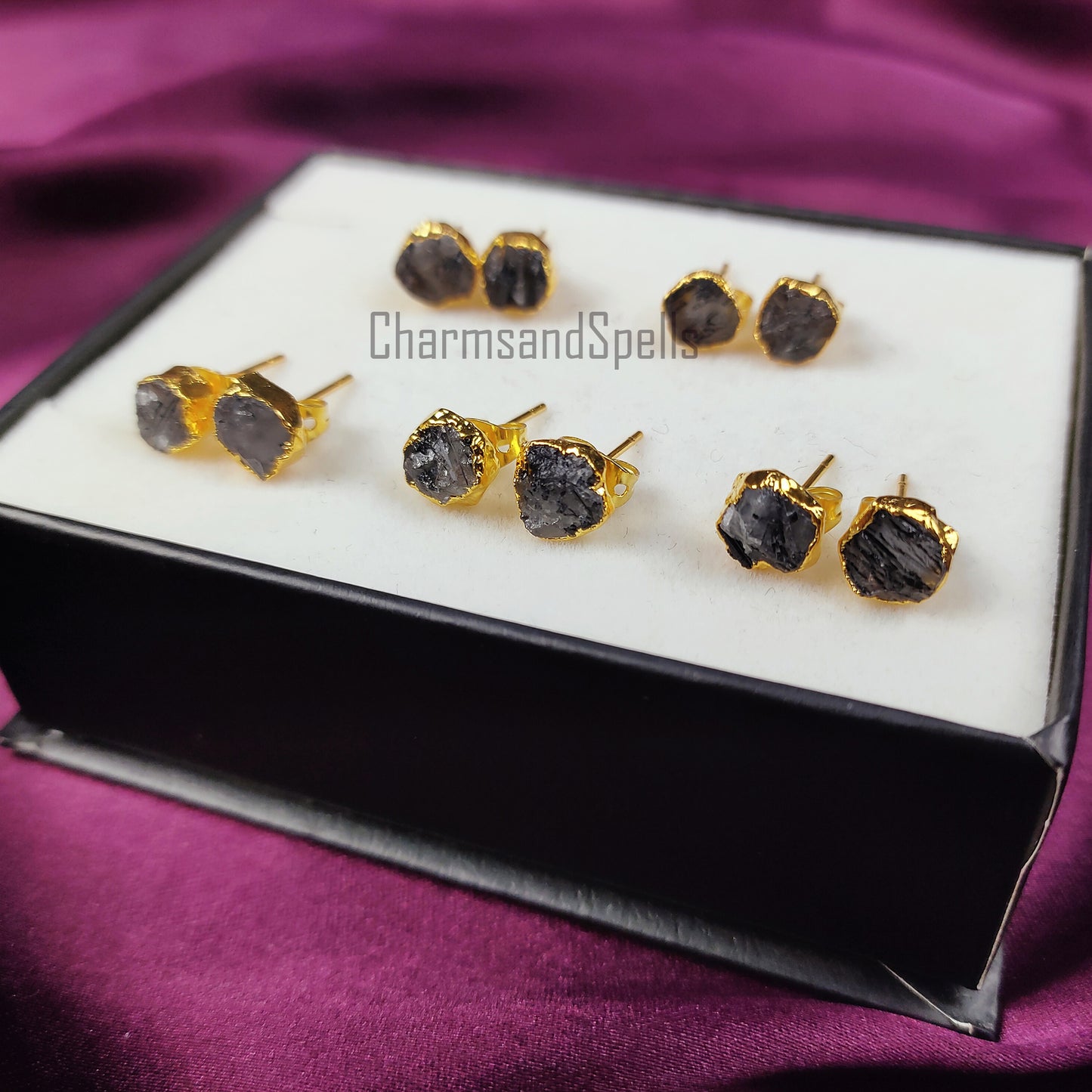 Raw Black Rutile Stud Earrings | Tiny Silver Plated Crystal Boho Gemstone Jewelry