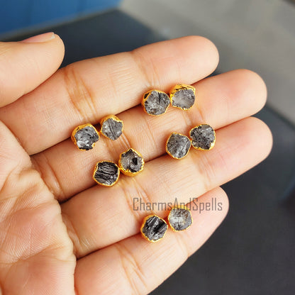 Raw Black Rutile Stud Earrings | Tiny Silver Plated Crystal Boho Gemstone Jewelry