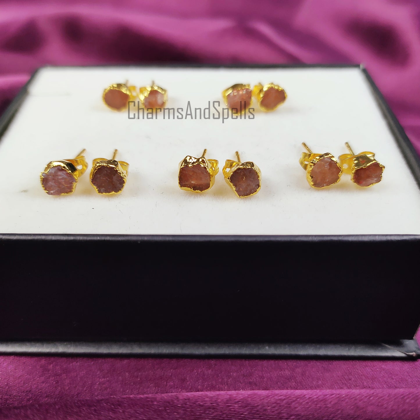 Raw Sunstone Stud Earrings | Tiny Orange Crystal Rose Gold Plated Boho Jewelry