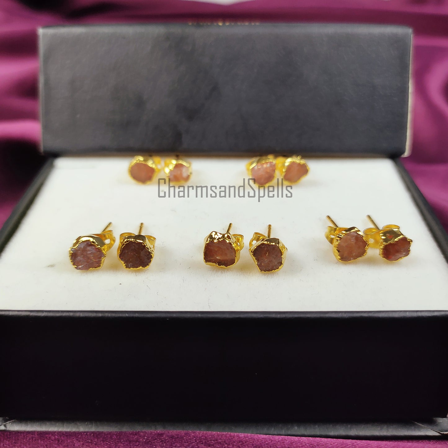 Raw Sunstone Stud Earrings | Tiny Orange Crystal Rose Gold Plated Boho Jewelry