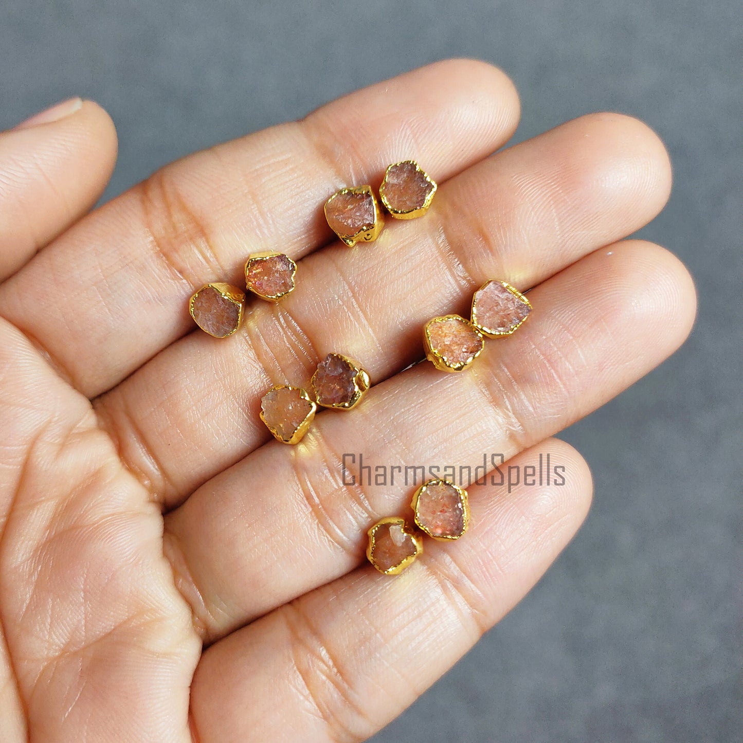 Raw Sunstone Stud Earrings | Tiny Orange Crystal Rose Gold Plated Boho Jewelry