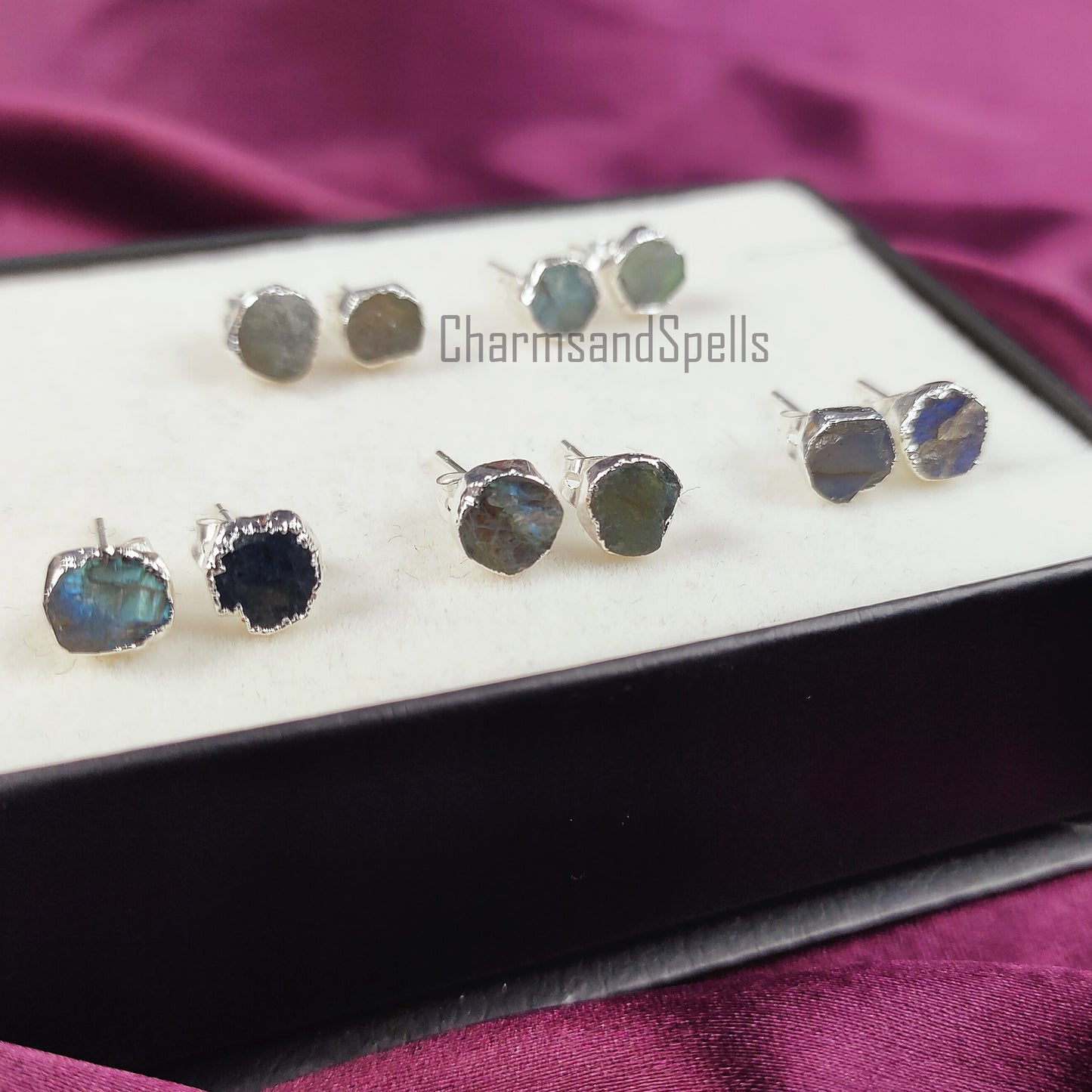 Raw Blue Fire Labradorite Stud Earrings | Natural Crystal Earrings Healing Stone