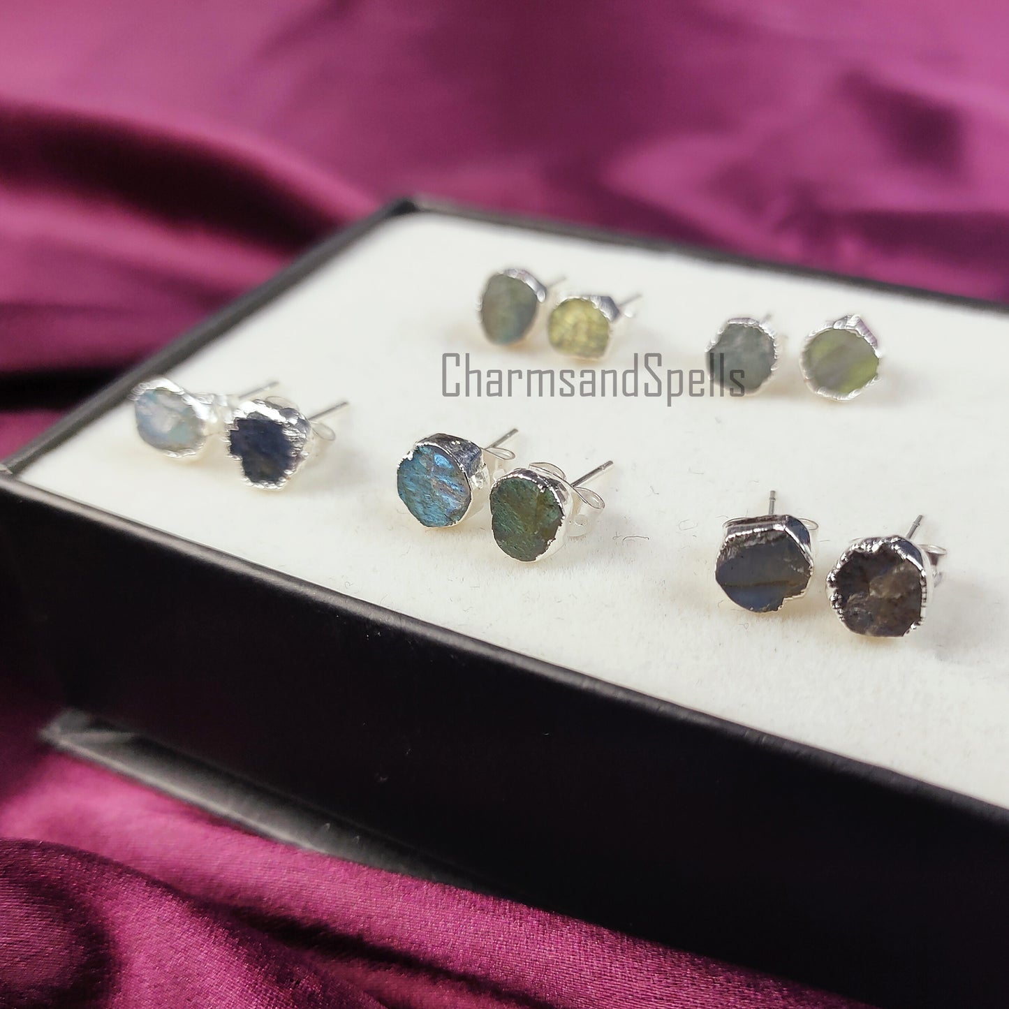 Raw Blue Fire Labradorite Stud Earrings | Natural Crystal Earrings Healing Stone