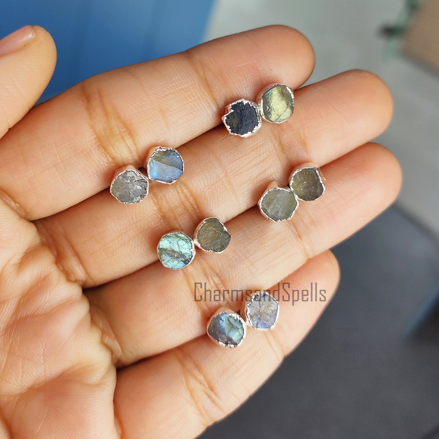 Raw Blue Fire Labradorite Stud Earrings | Natural Crystal Earrings Healing Stone