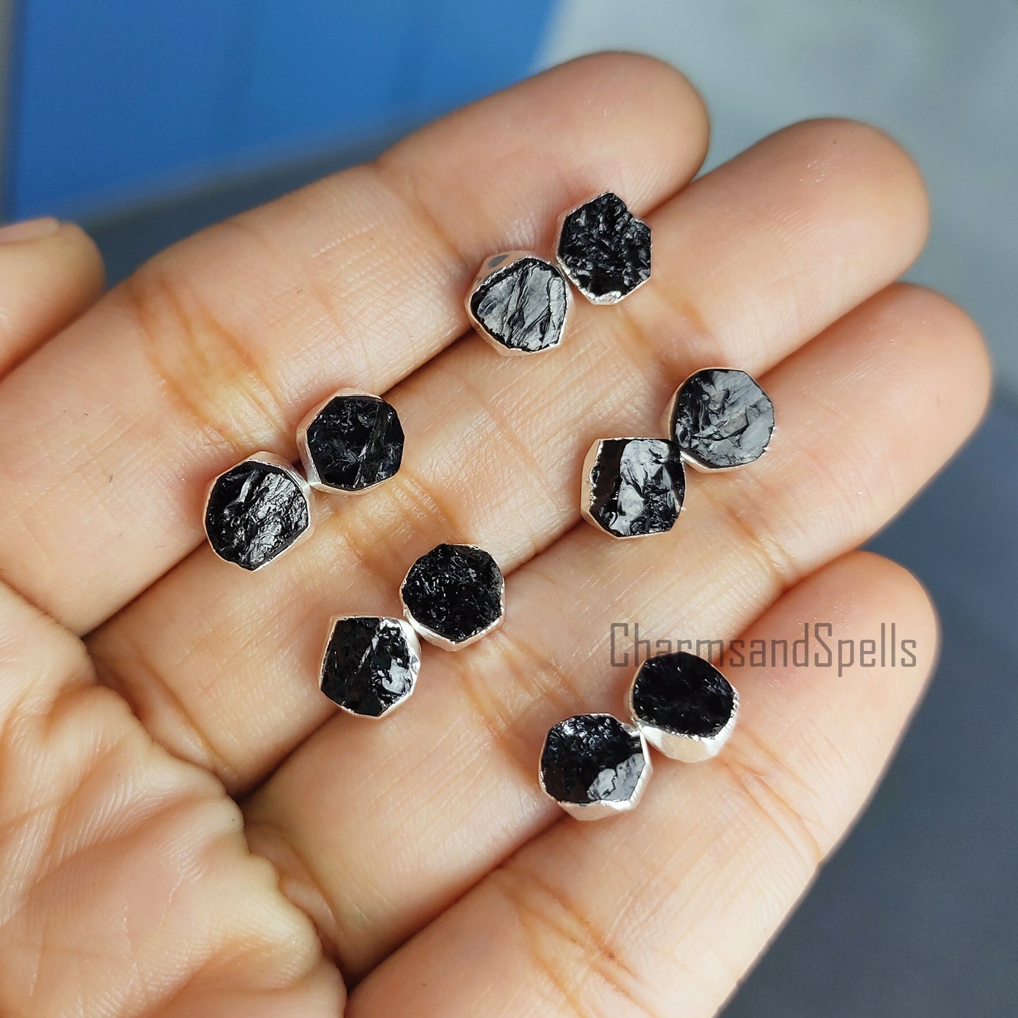 Raw Black Tourmaline Stud Earrings | Natural Crystal Protection Earrings
