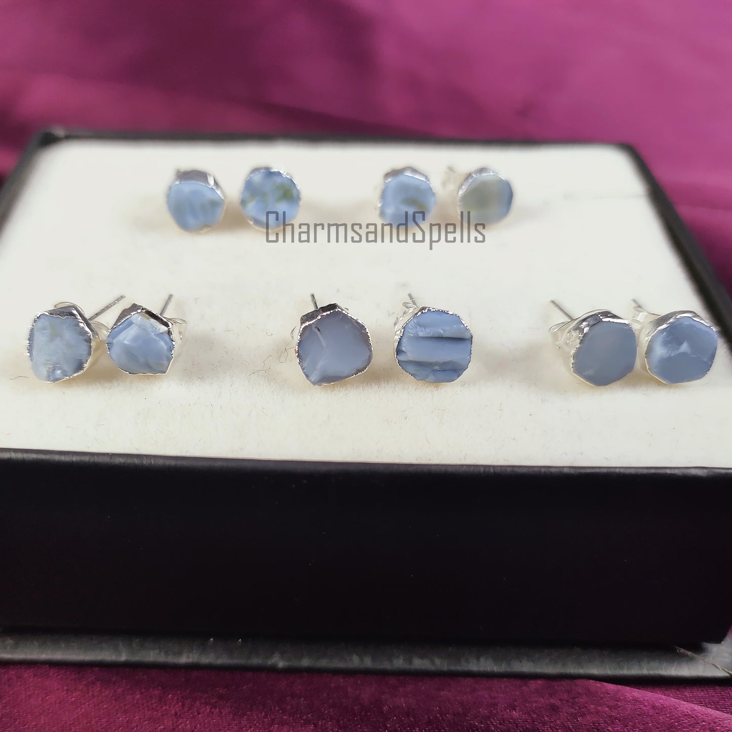 Raw Blue Opal Stud Earrings | Natural Crystal Earrings October Birthstone