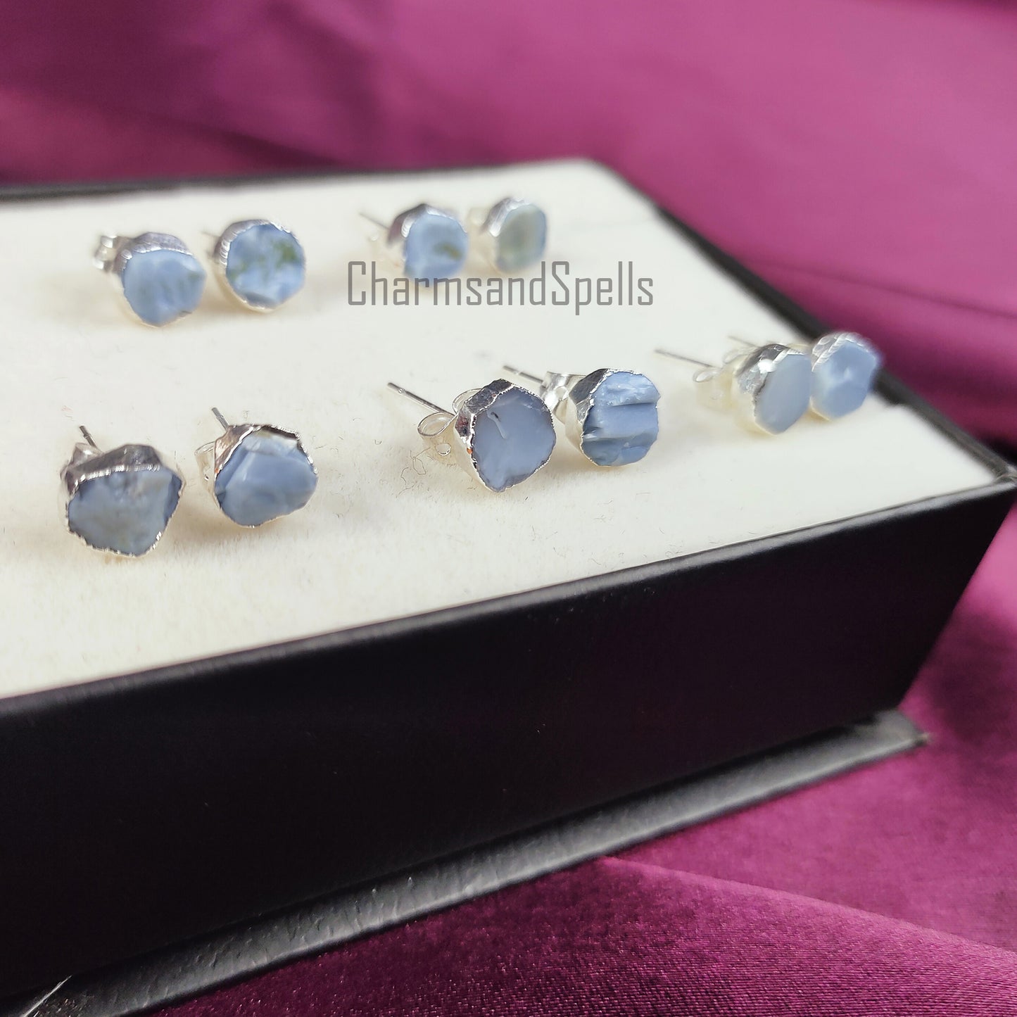 Raw Blue Opal Stud Earrings | Natural Crystal Earrings October Birthstone