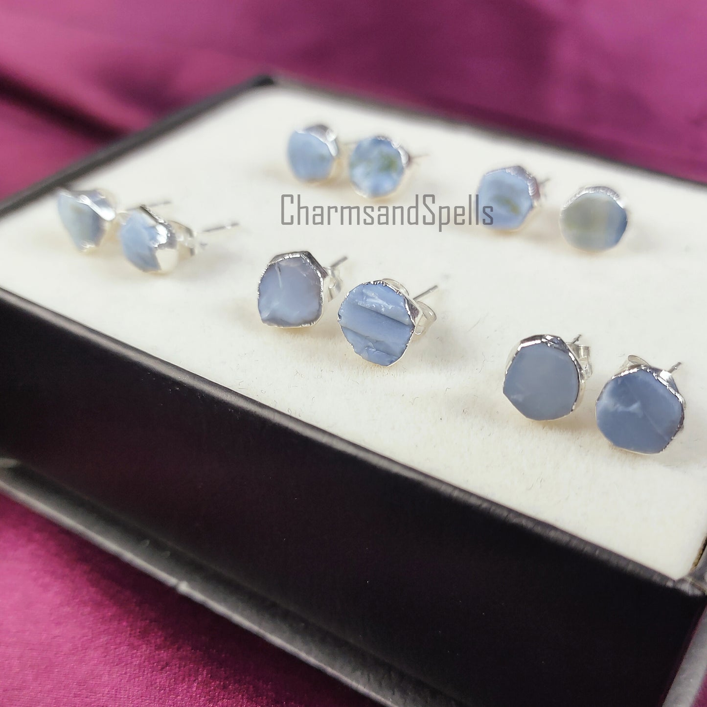 Raw Blue Opal Stud Earrings | Natural Crystal Earrings October Birthstone