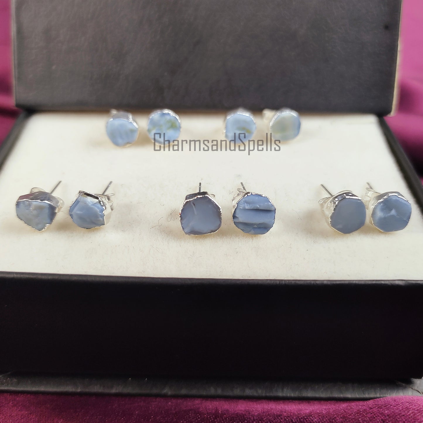 Raw Blue Opal Stud Earrings | Natural Crystal Earrings October Birthstone