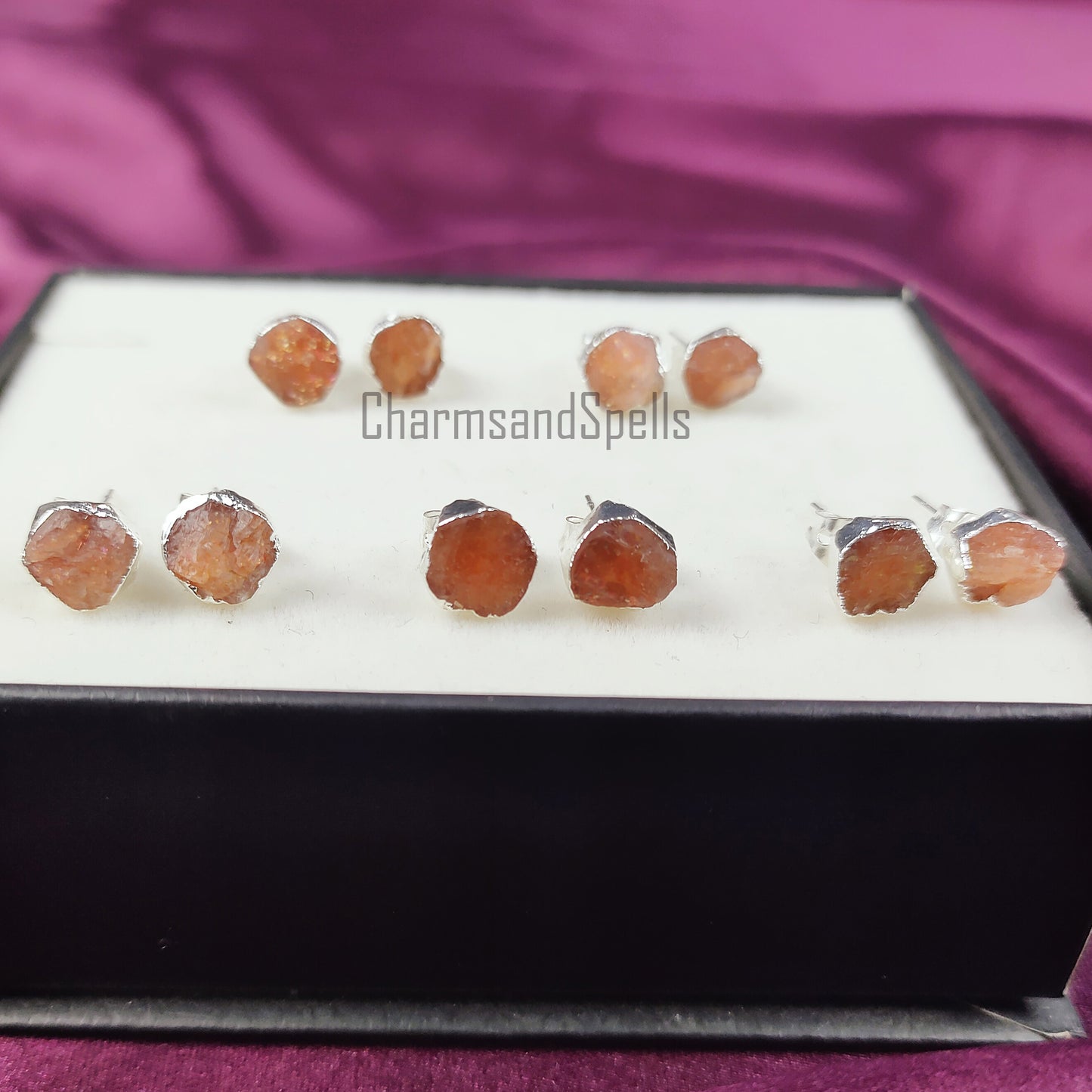Raw Sunstone Stud Earrings | Tiny Orange Crystal Rose Gold Plated Boho Jewelry