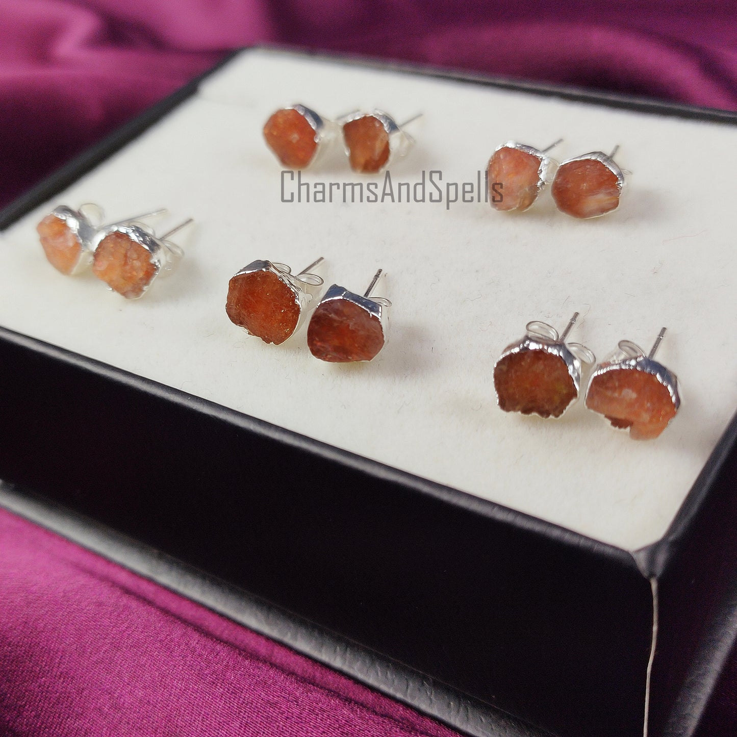 Raw Sunstone Stud Earrings | Tiny Orange Crystal Rose Gold Plated Boho Jewelry