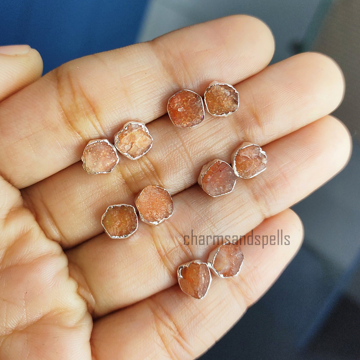 Raw Sunstone Stud Earrings | Tiny Orange Crystal Rose Gold Plated Boho Jewelry